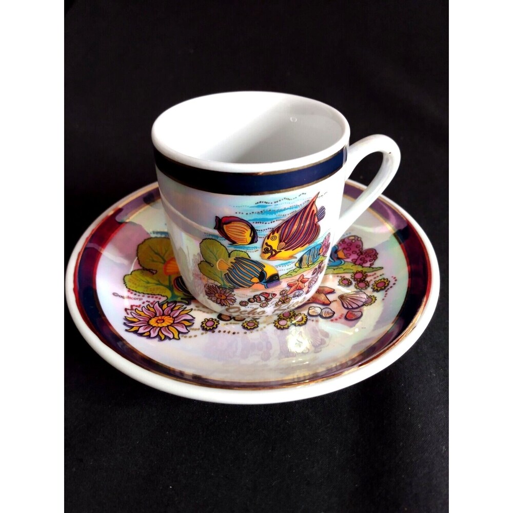 Agiftcorp Small Cup & Saucer Souvinir Ocho Rios Jamaica Iridescent Tropical